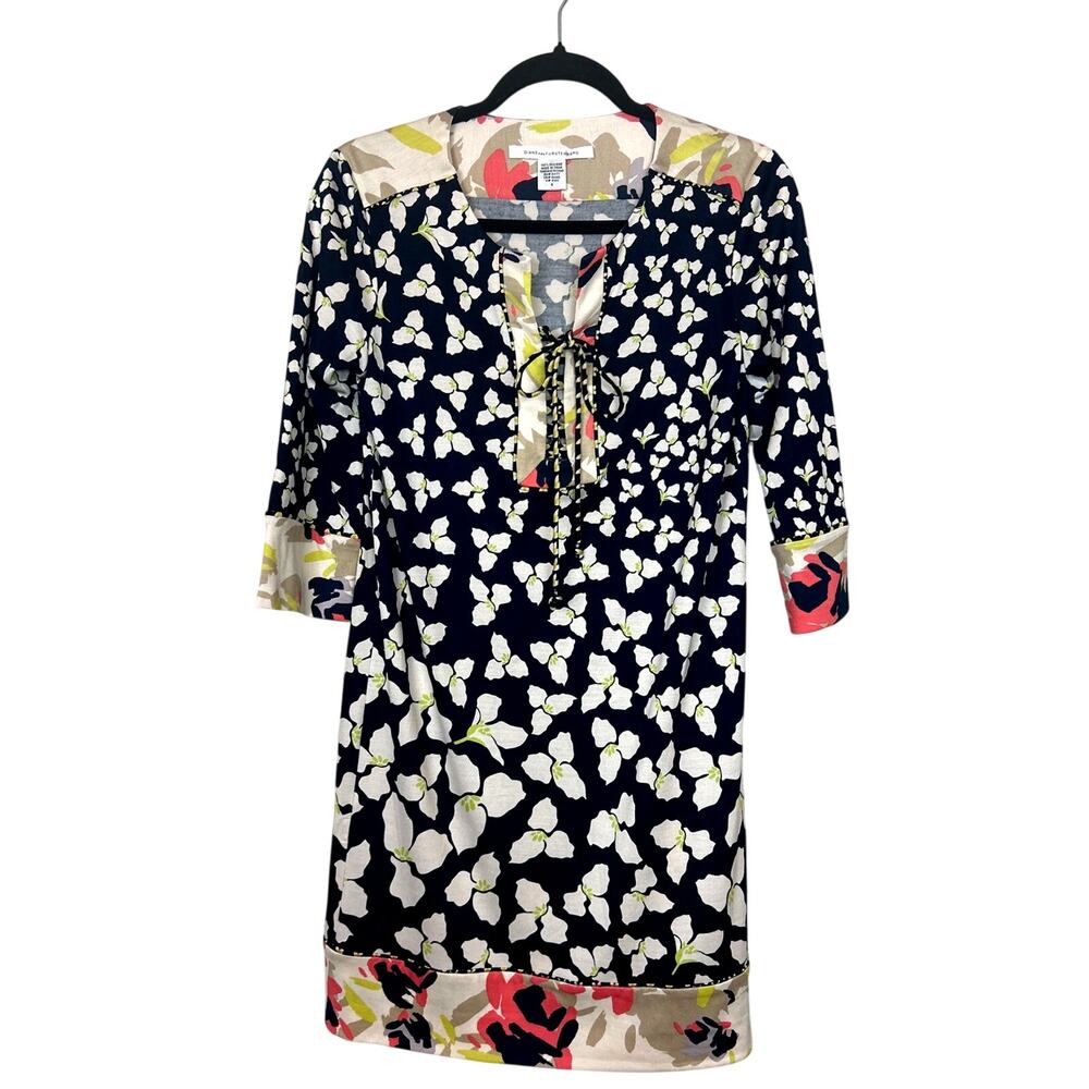 Diane Von Furstenberg Womens 6 Black Floral Silk Tie Front Mini Dress Designer
